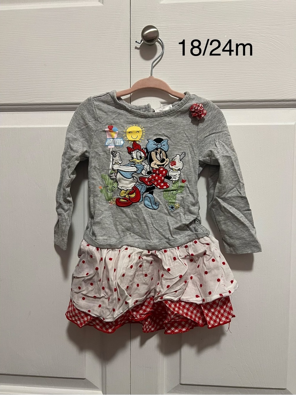 Disney Grey Long Sleeve Minnie & Donald Polka Dot Layered Dress with Red Accents